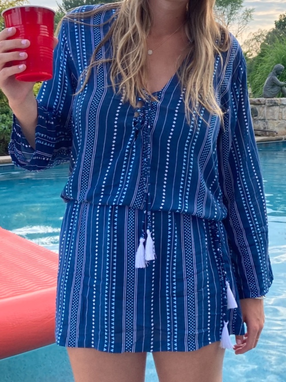 Navy Blue Striped Pattern Swim Cover Up